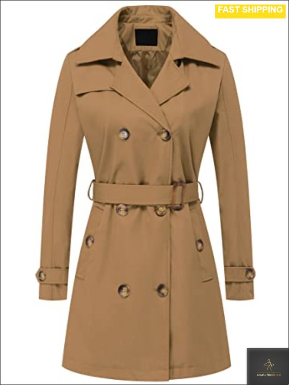Double Breasted Trench Coat Belted Mid-Length Overcoat Detachable Hood
